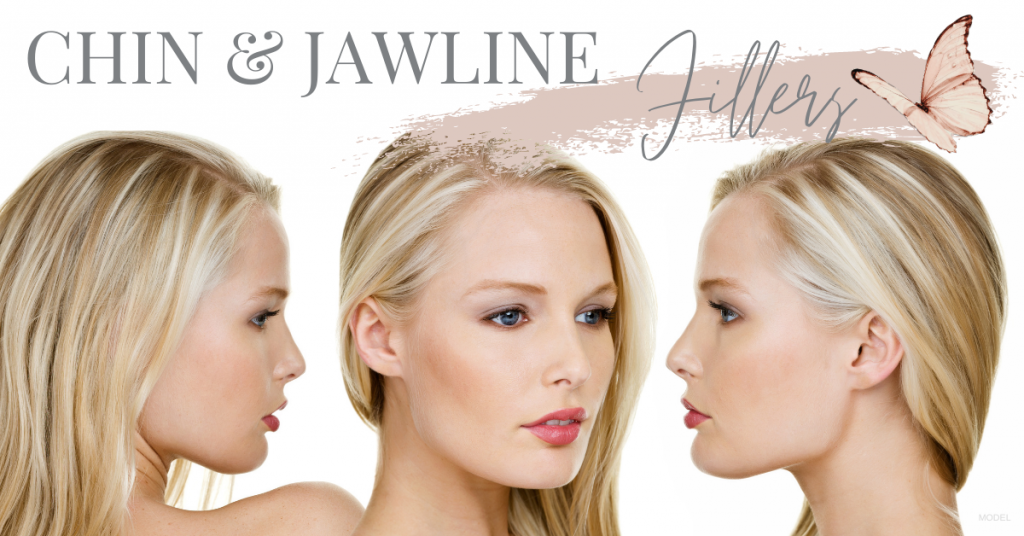 A woman pleased with her results from chin & jawline fillers.
