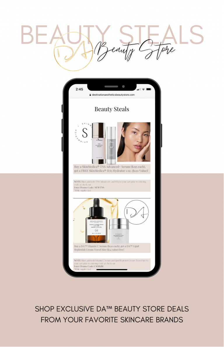 Phone screen displaying Destination Aesthetics Beauty Steals page