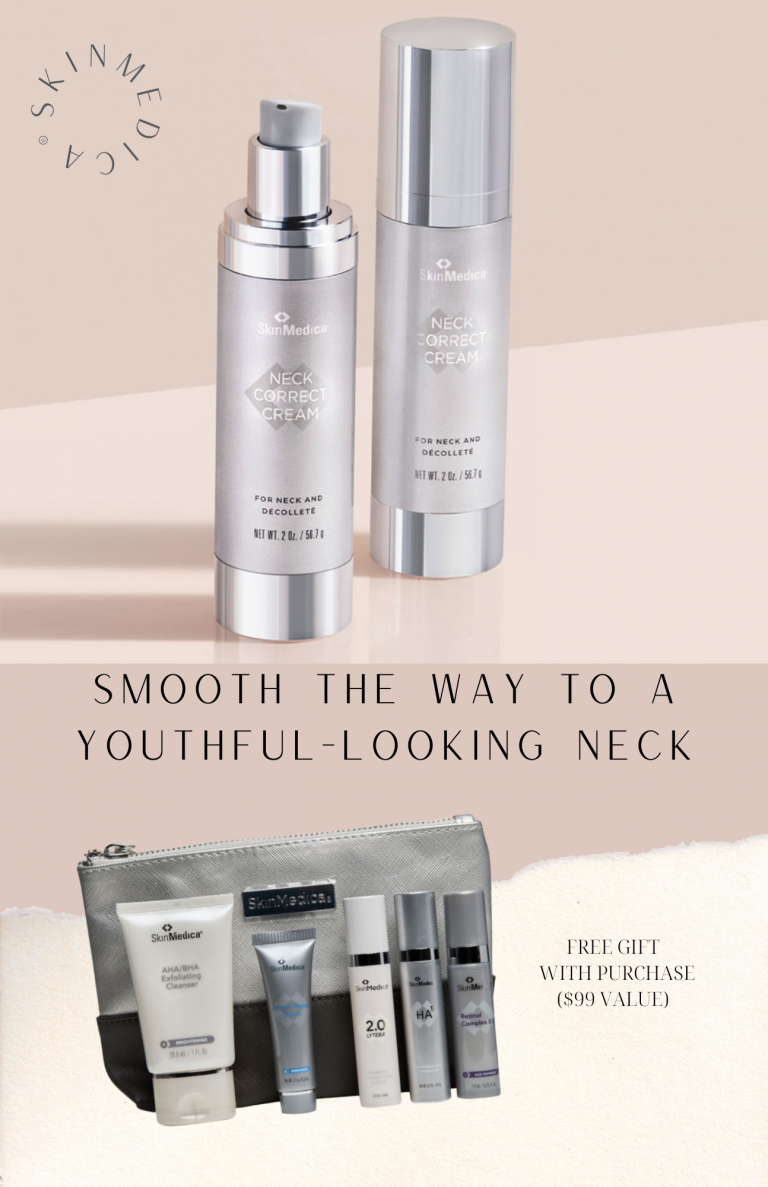 Skincare products and text that reads "Smooth the way to a younger-looking neck"