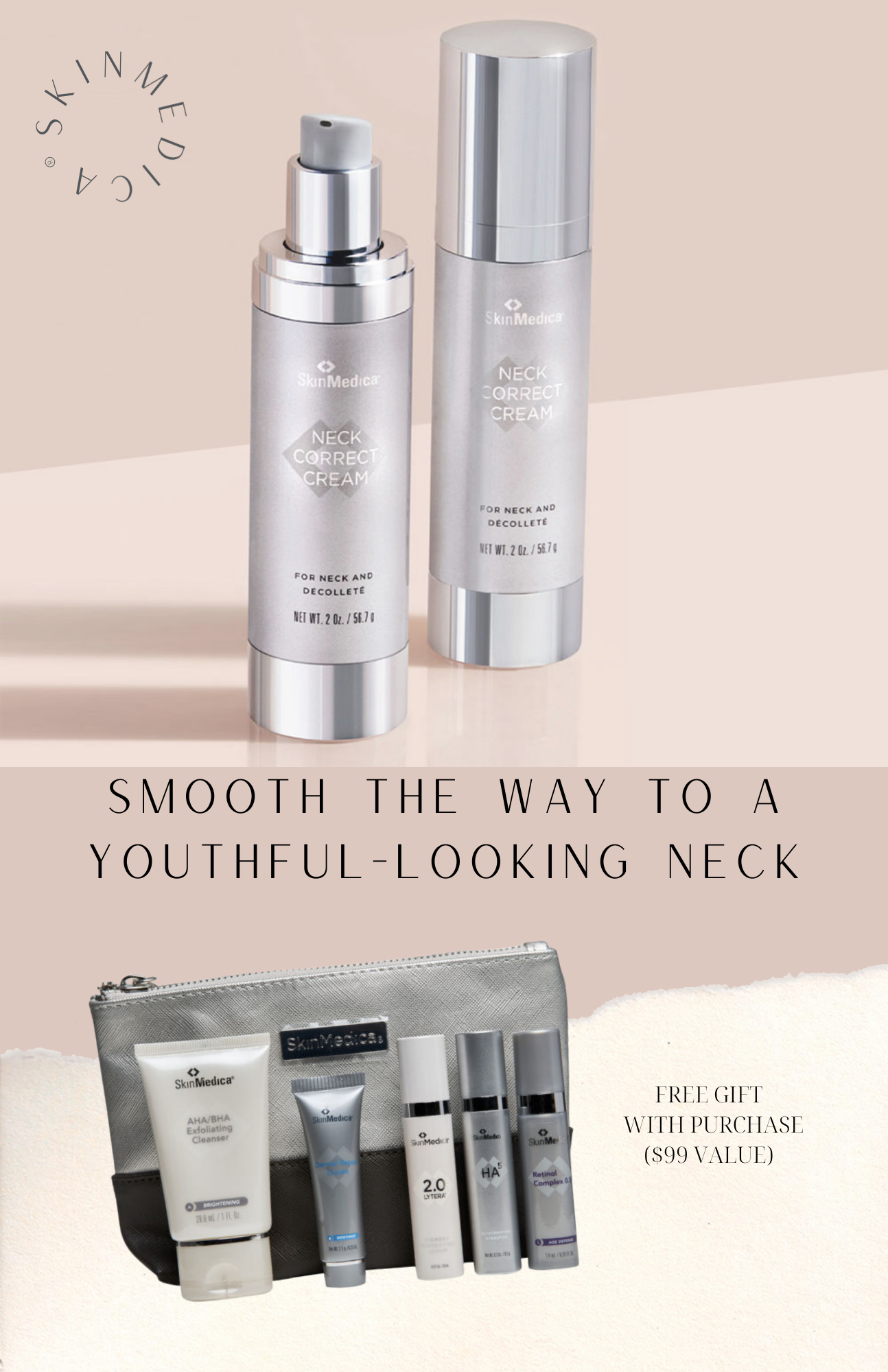 Skincare products and text that reads "Smooth the way to a younger-looking neck"